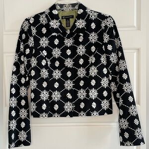 INC International Navy White Embroidered Blazer Jacket Crop Button Up Career S